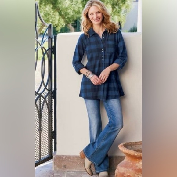 Soft Surroundings Women Supremely Soft Pull On Flare Blue Jeans 1X Comfort Waist - Picture 1 of 10